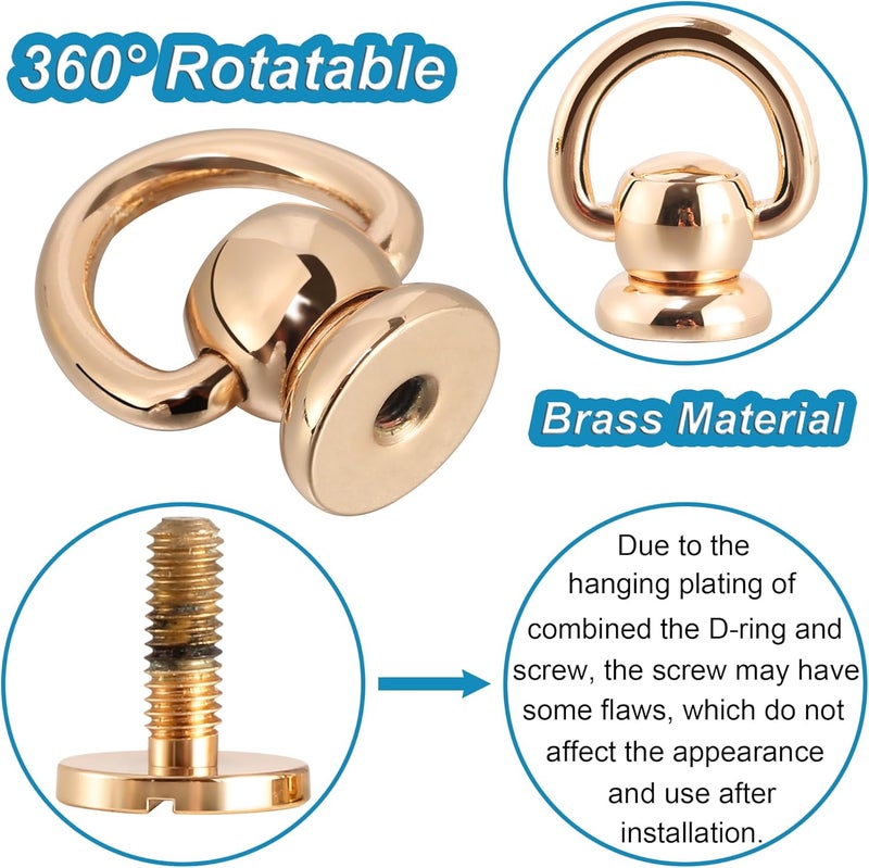 Notgia 4Pcs D Rings for Purse Brass Rivets for Leather Rotatable Purse Strap Hardware Ball Button Studs for Handbag D Rings Chicago Screws for Repair Purse Dog Collar Leather Crafts (Rose Gold) - Image 3